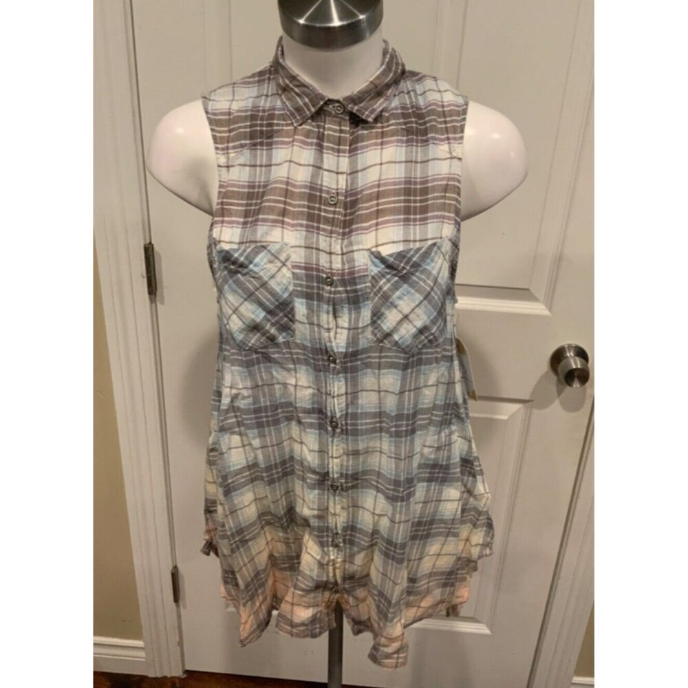 Free People Multicolor Plaid Ombre Button-Up Sleeveless Collared Shirt, Size XS